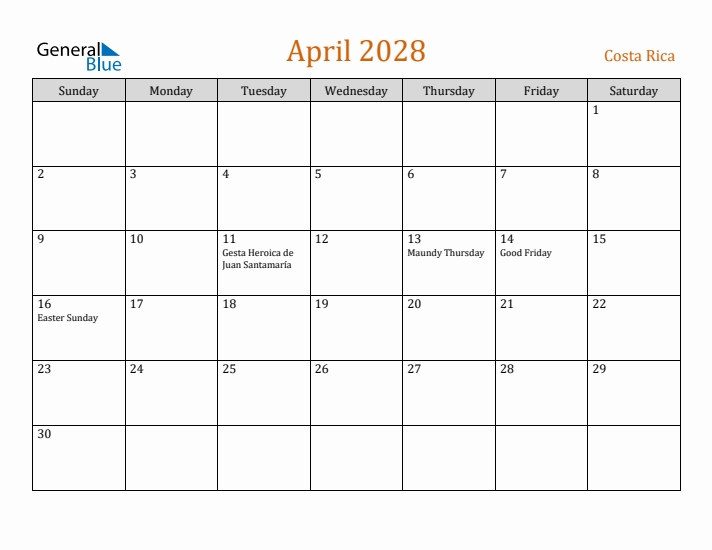 April 2028 Holiday Calendar with Sunday Start