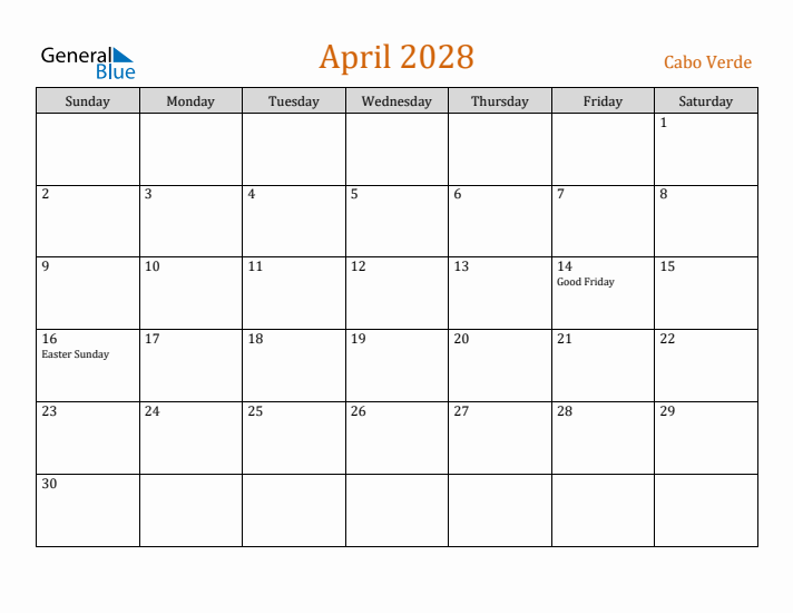 April 2028 Holiday Calendar with Sunday Start