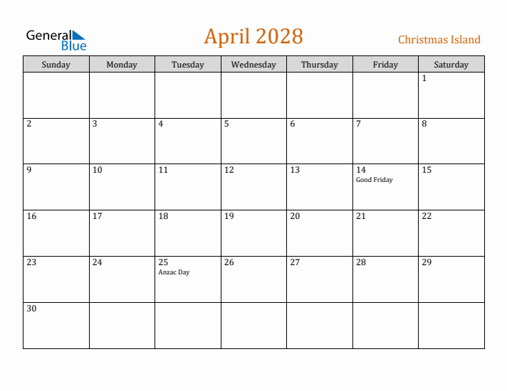 April 2028 Holiday Calendar with Sunday Start