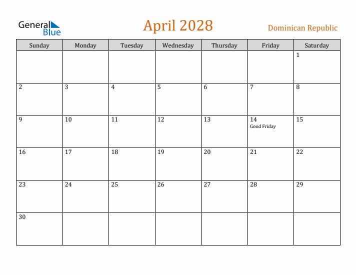 April 2028 Holiday Calendar with Sunday Start