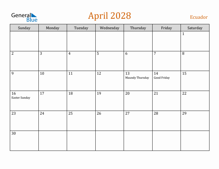 April 2028 Holiday Calendar with Sunday Start