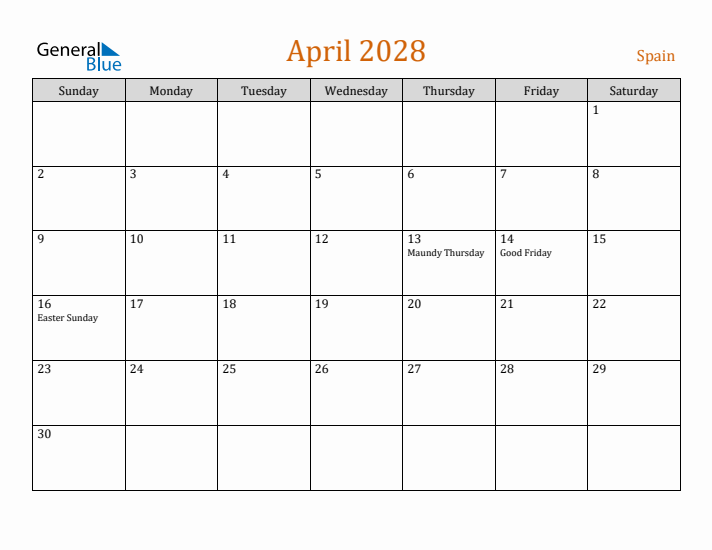 April 2028 Holiday Calendar with Sunday Start