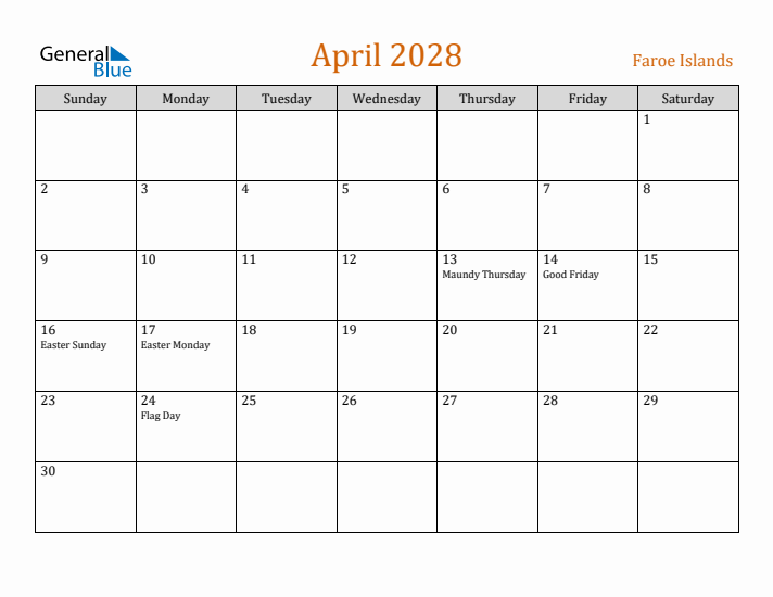 April 2028 Holiday Calendar with Sunday Start