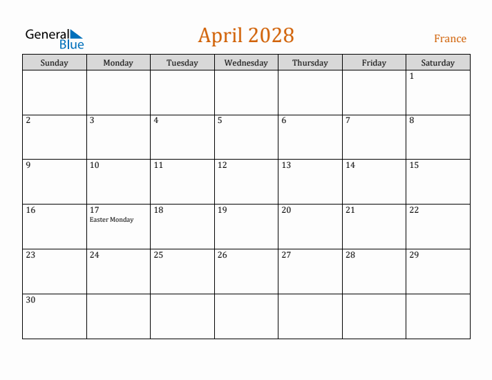 April 2028 Holiday Calendar with Sunday Start