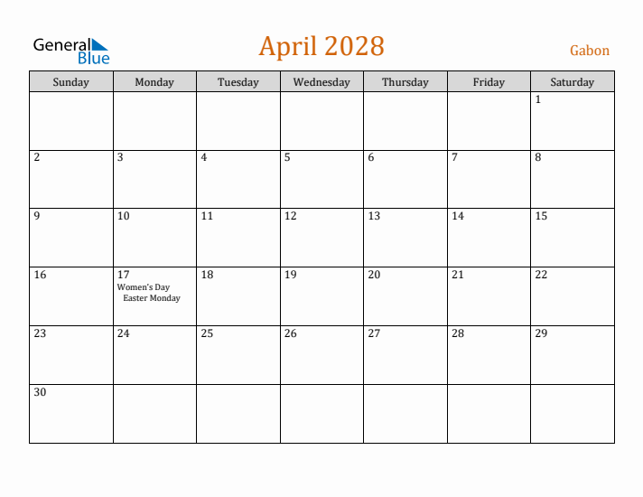 April 2028 Holiday Calendar with Sunday Start