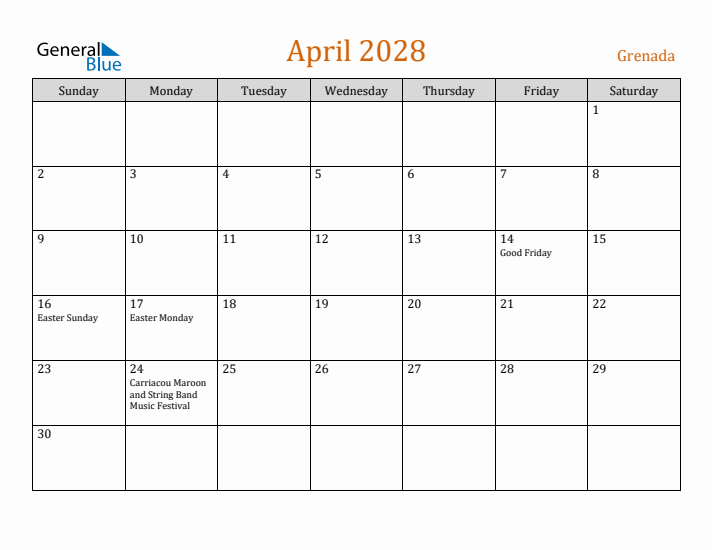 April 2028 Holiday Calendar with Sunday Start