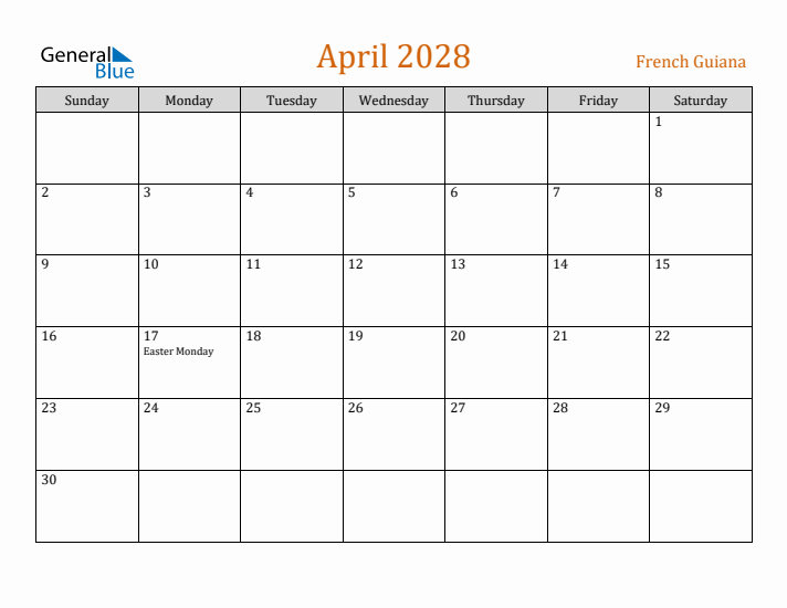 April 2028 Holiday Calendar with Sunday Start