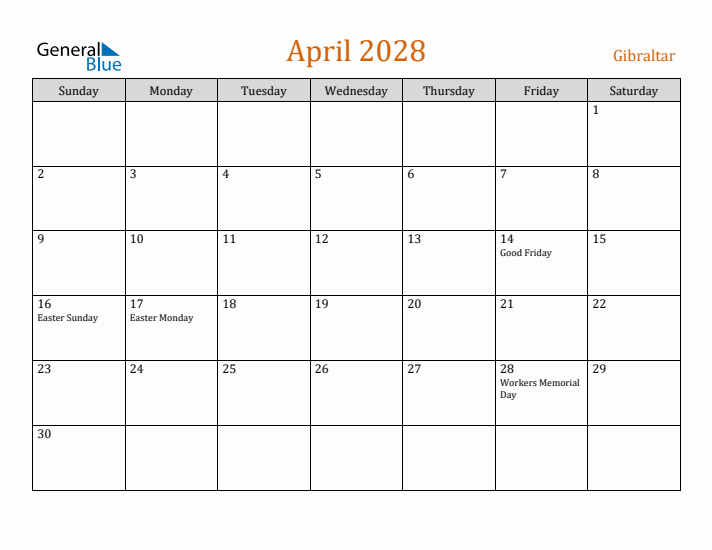 April 2028 Holiday Calendar with Sunday Start