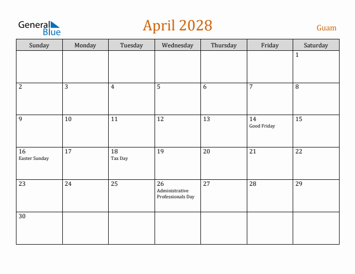 April 2028 Holiday Calendar with Sunday Start