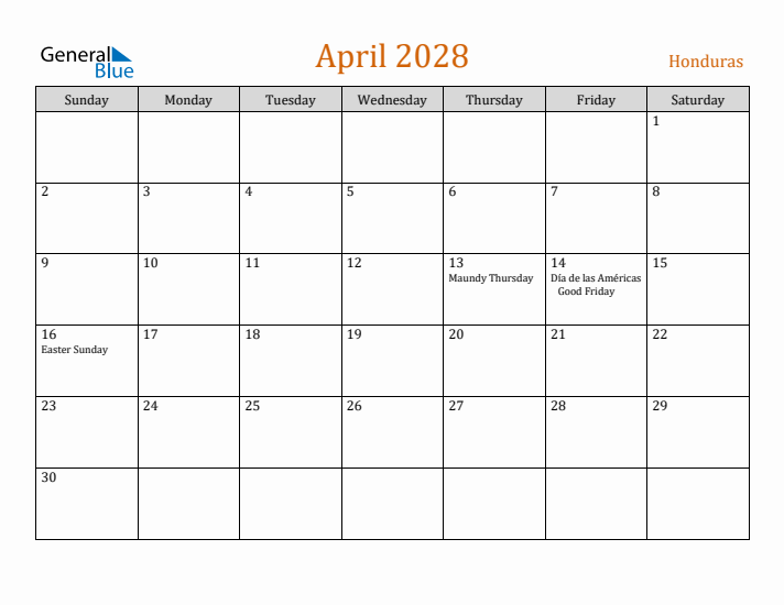 April 2028 Holiday Calendar with Sunday Start