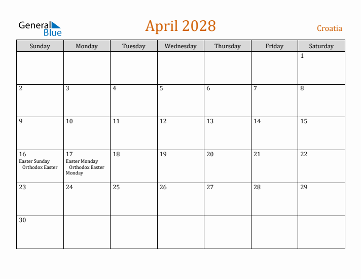 April 2028 Holiday Calendar with Sunday Start