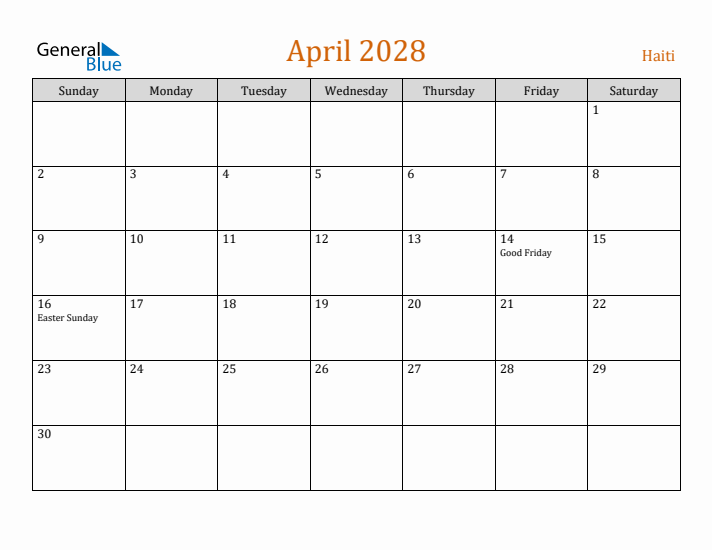 April 2028 Holiday Calendar with Sunday Start