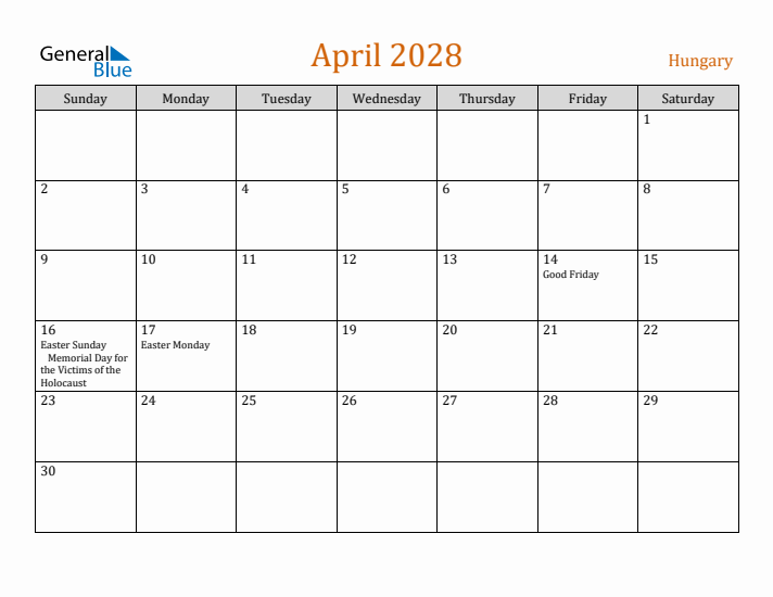 April 2028 Holiday Calendar with Sunday Start