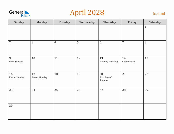 April 2028 Holiday Calendar with Sunday Start