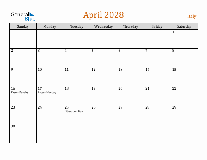 April 2028 Holiday Calendar with Sunday Start