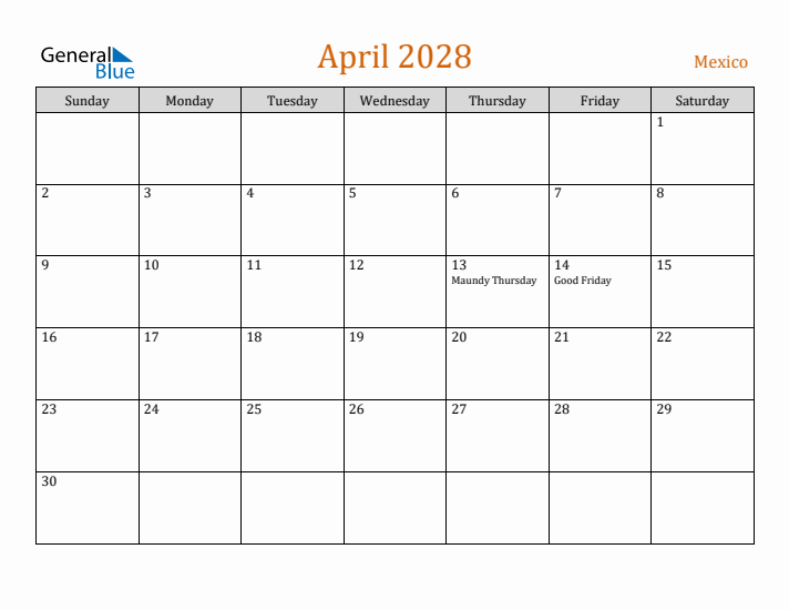 April 2028 Holiday Calendar with Sunday Start