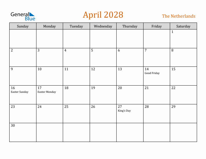 April 2028 Holiday Calendar with Sunday Start