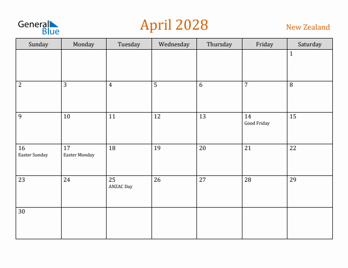 April 2028 Holiday Calendar with Sunday Start