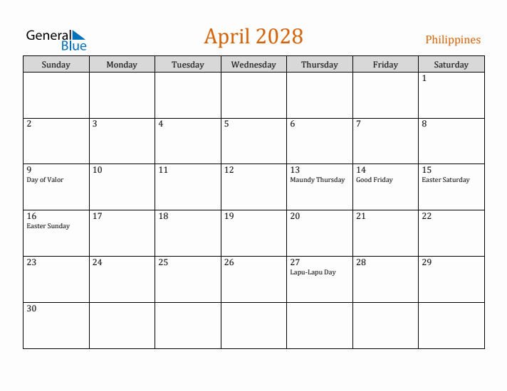 April 2028 Holiday Calendar with Sunday Start