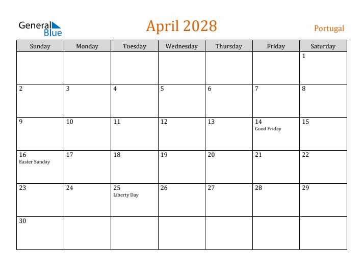 April 2028 Holiday Calendar with Sunday Start