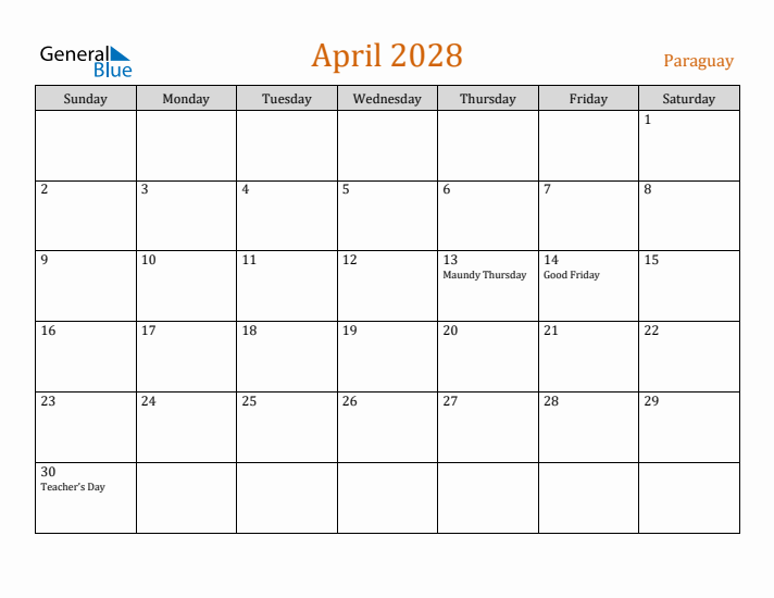 April 2028 Holiday Calendar with Sunday Start