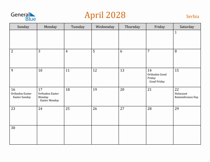 April 2028 Holiday Calendar with Sunday Start