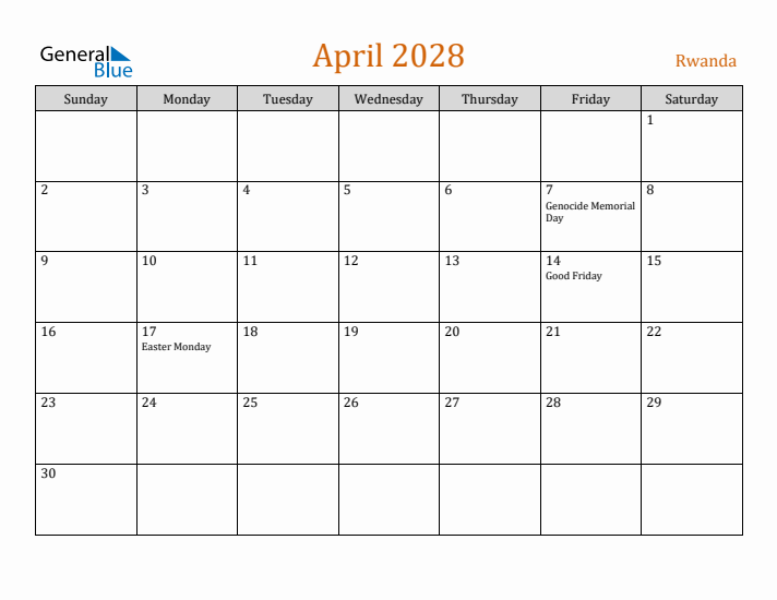 April 2028 Holiday Calendar with Sunday Start