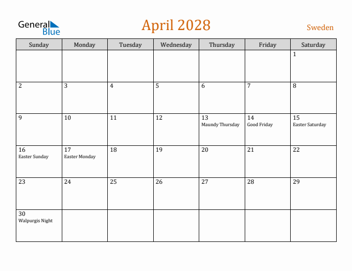 April 2028 Holiday Calendar with Sunday Start