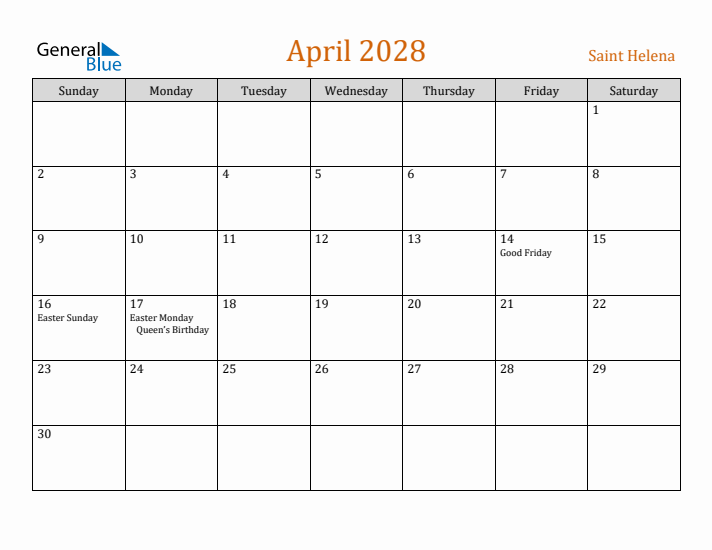 April 2028 Holiday Calendar with Sunday Start