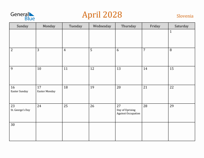 April 2028 Holiday Calendar with Sunday Start