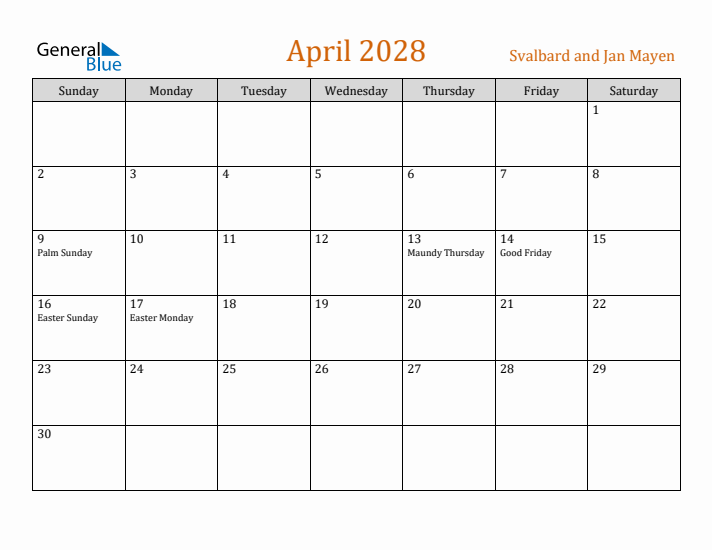 April 2028 Holiday Calendar with Sunday Start