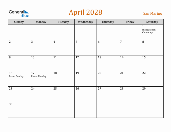 April 2028 Holiday Calendar with Sunday Start