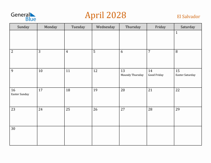 April 2028 Holiday Calendar with Sunday Start