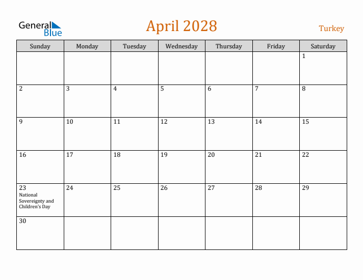 April 2028 Holiday Calendar with Sunday Start