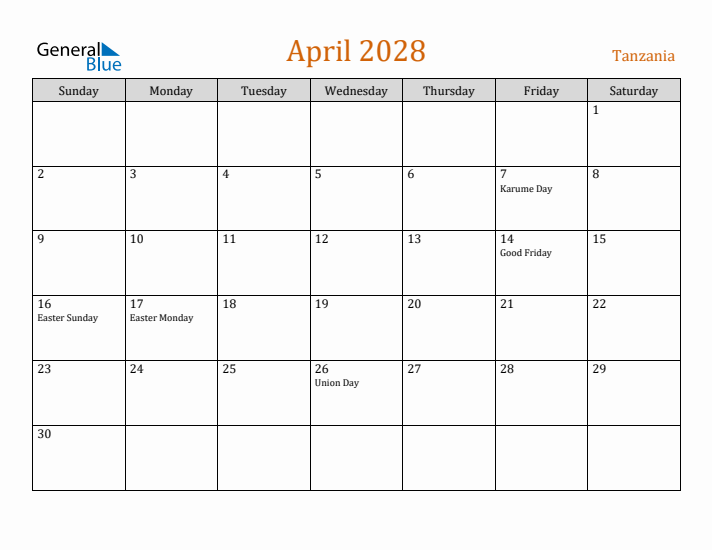 April 2028 Holiday Calendar with Sunday Start