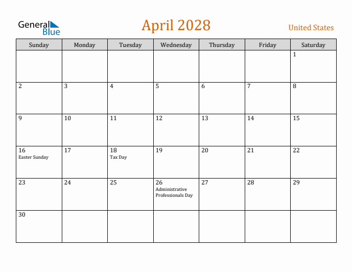 April 2028 Holiday Calendar with Sunday Start