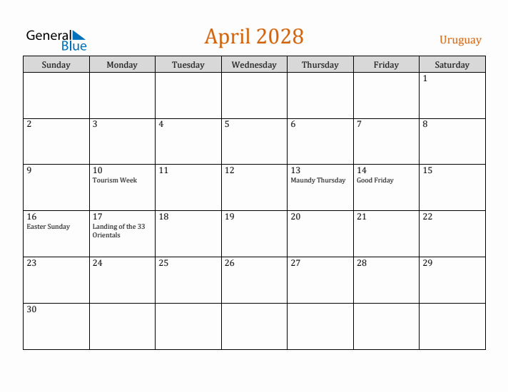 April 2028 Holiday Calendar with Sunday Start