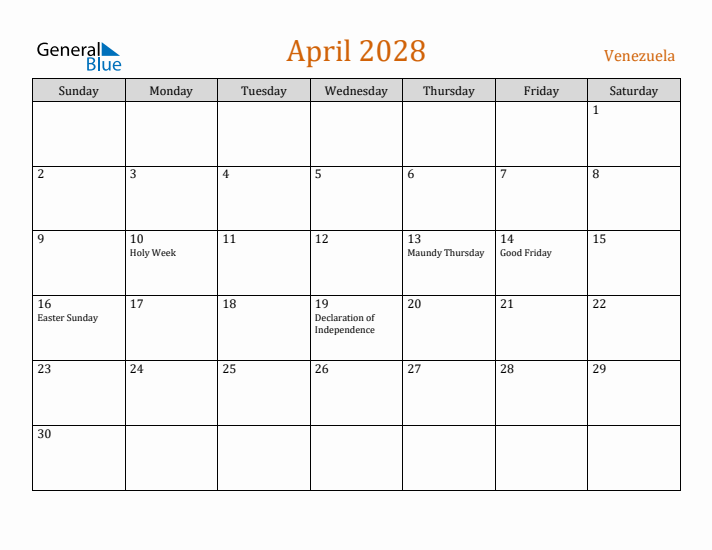 April 2028 Holiday Calendar with Sunday Start