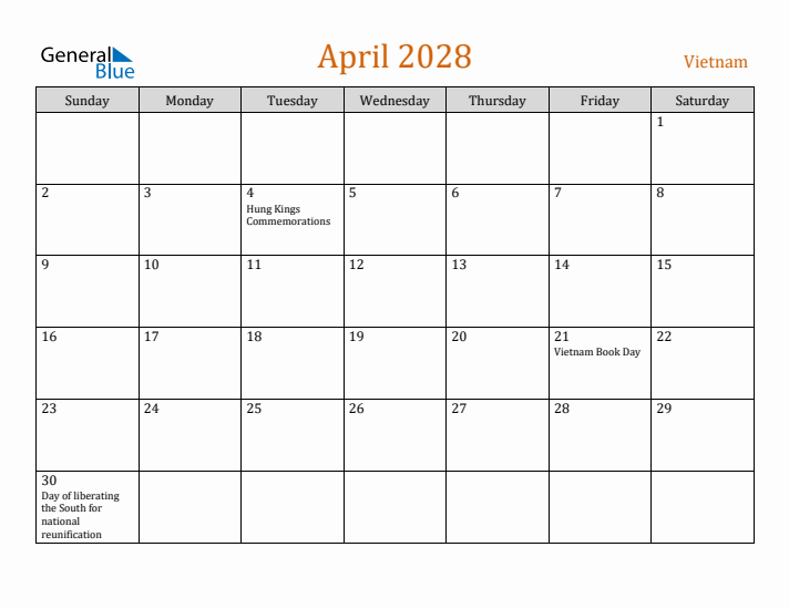 April 2028 Holiday Calendar with Sunday Start