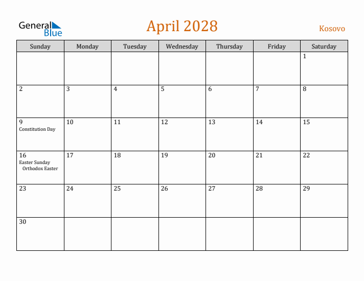 April 2028 Holiday Calendar with Sunday Start