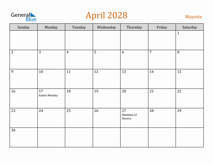 April 2028 Holiday Calendar with Sunday Start