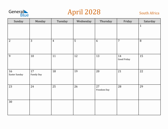 April 2028 Holiday Calendar with Sunday Start