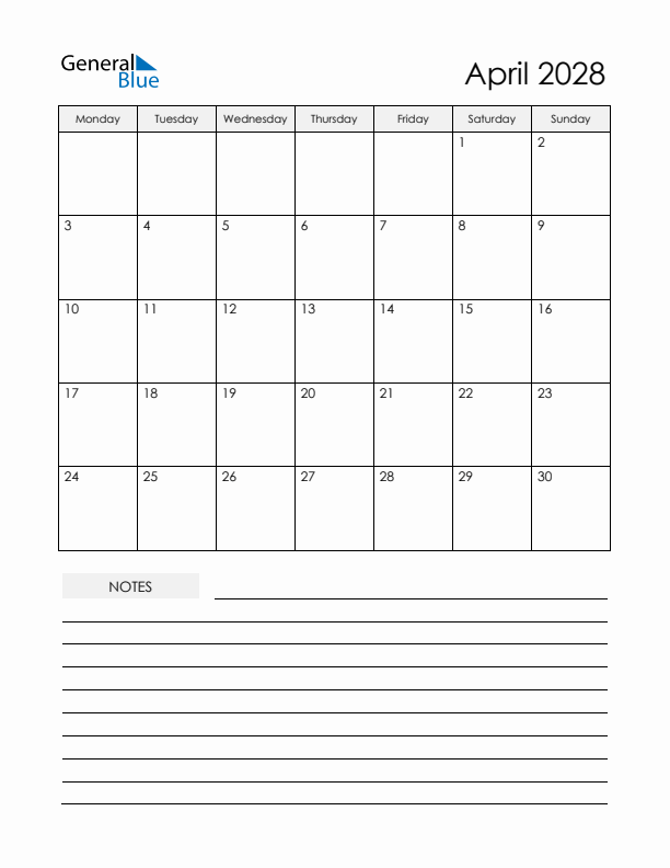 Printable Calendar with Notes - April 2028 