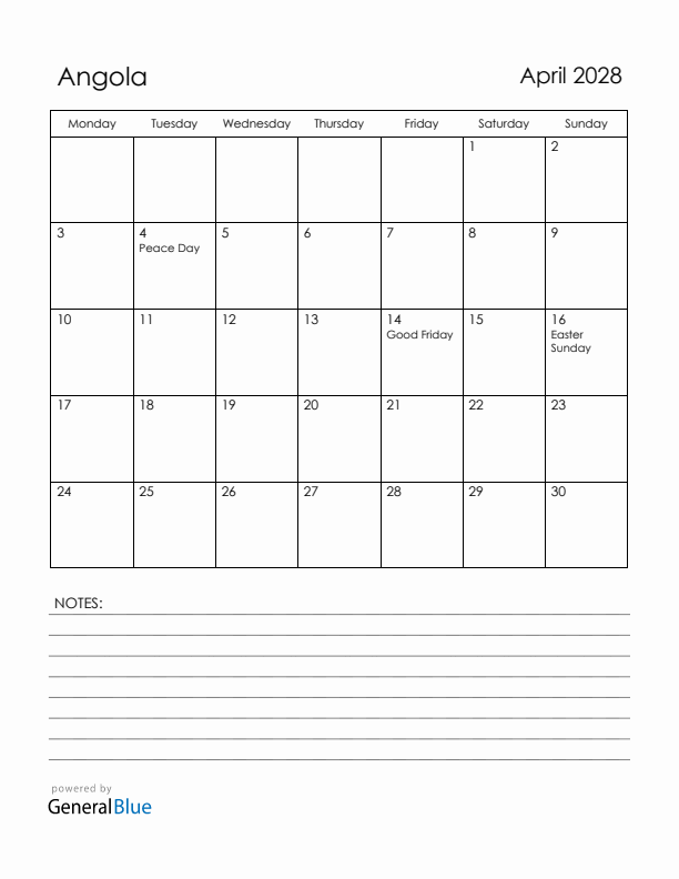 April 2028 Angola Calendar with Holidays (Monday Start)