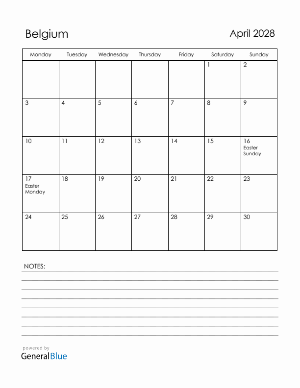 April 2028 Belgium Calendar with Holidays (Monday Start)