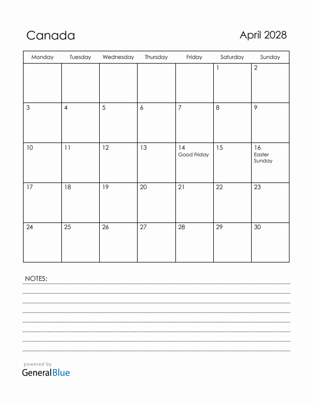 April 2028 Canada Calendar with Holidays (Monday Start)