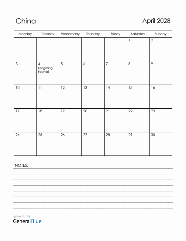 April 2028 China Calendar with Holidays (Monday Start)