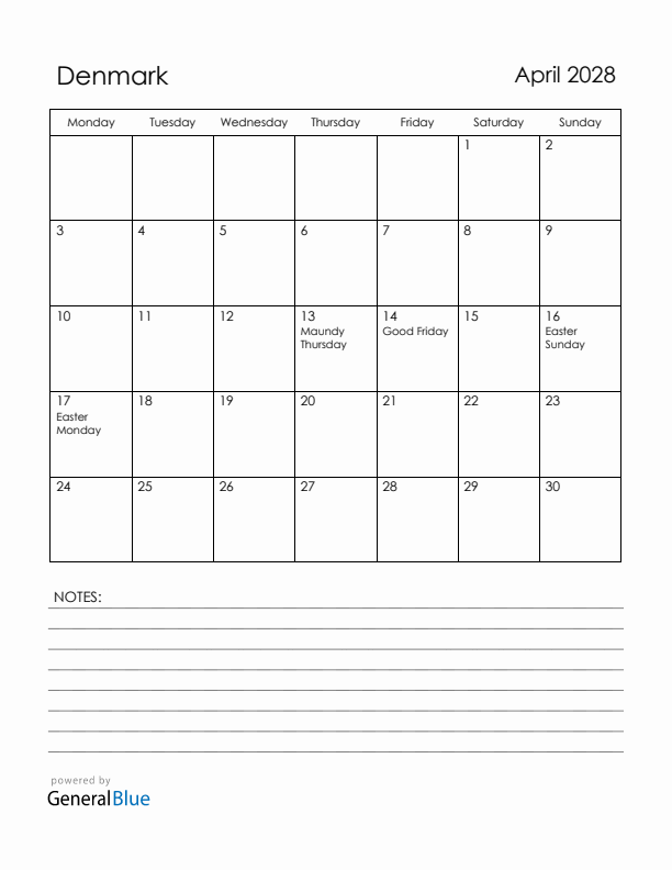 April 2028 Denmark Calendar with Holidays (Monday Start)