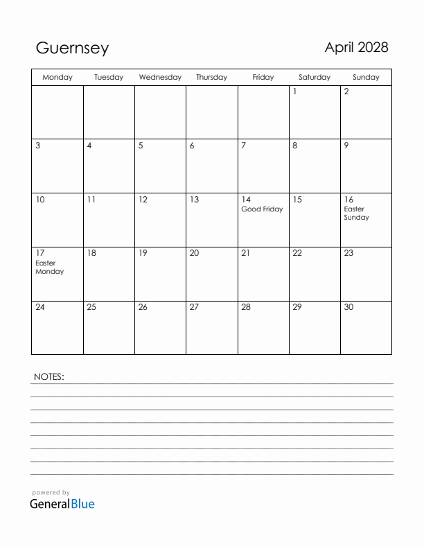 April 2028 Guernsey Calendar with Holidays (Monday Start)