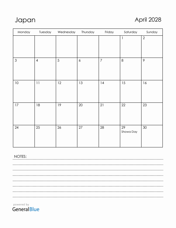 April 2028 Japan Calendar with Holidays (Monday Start)